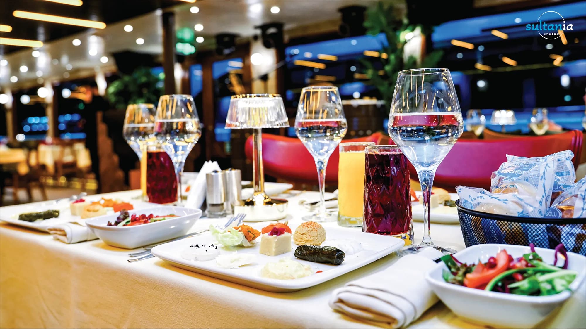 A plate of Turkish meze starters set on a table in the boat's dining lounge