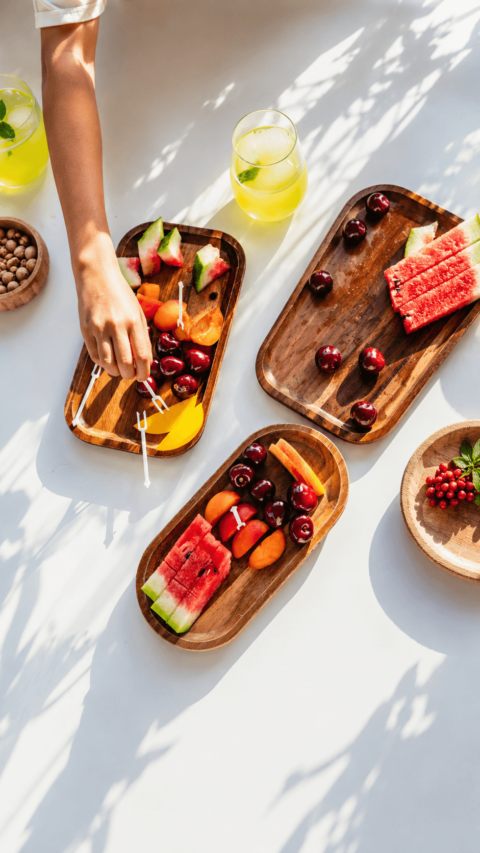 Fresh seasonal fruit platters and homemade lemonade served on board