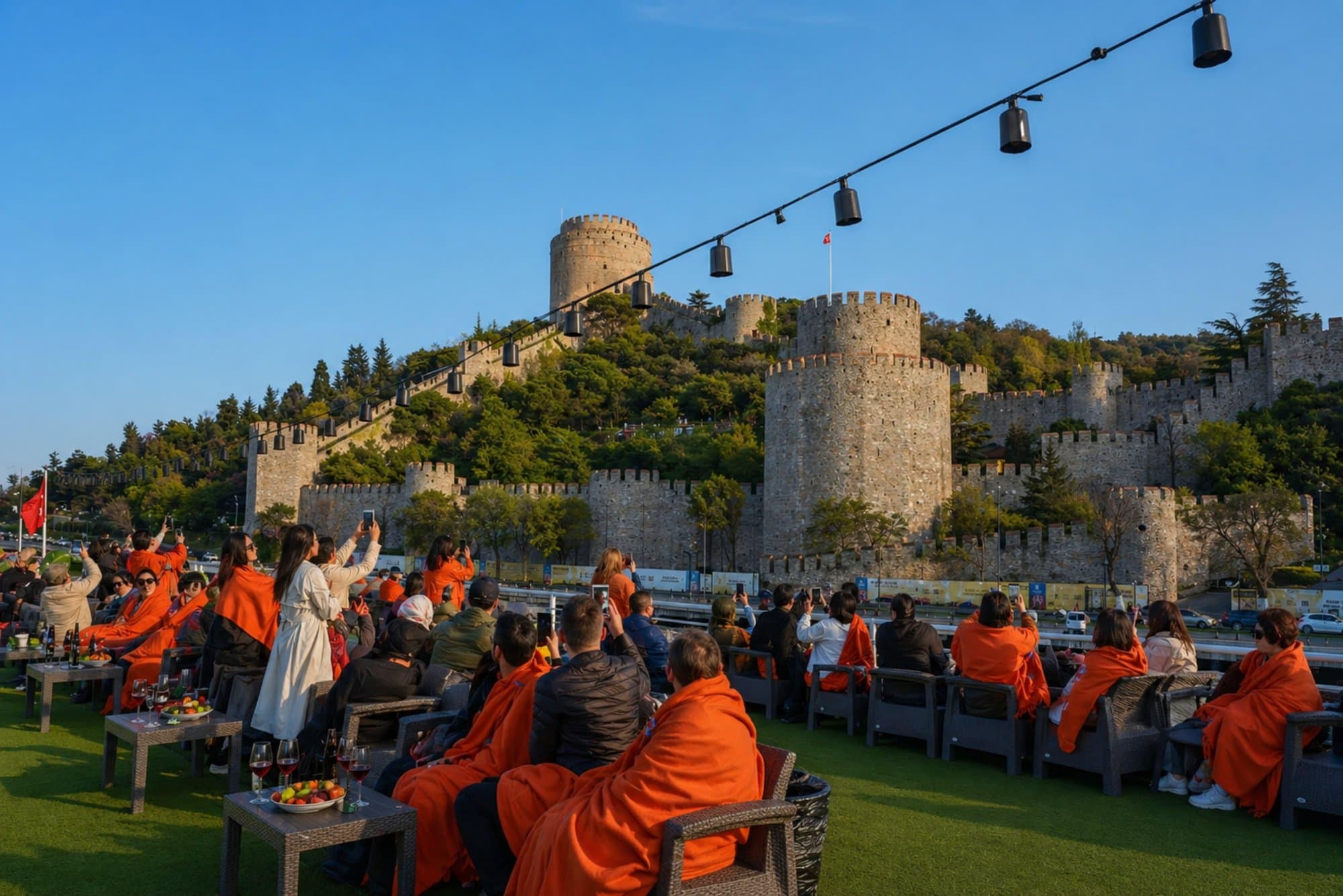 Guests on the open deck viewing Rumeli Fortress under a blue sky